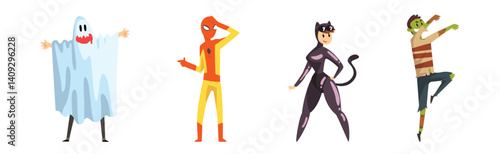Man and Woman Character Wearing Masquerade Costume and Fancy Outfit Vector Set