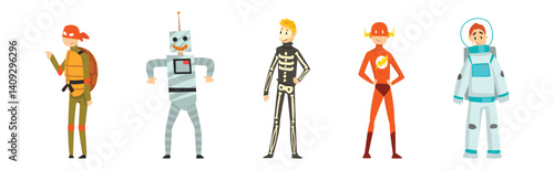 Man Character Wearing Masquerade Costume and Fancy Outfit Vector Set