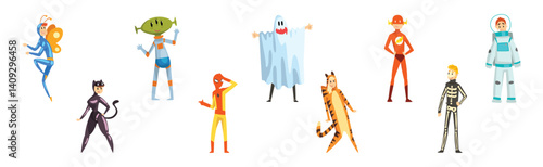 Man and Woman Character Wearing Masquerade Costume and Fancy Outfit Vector Set