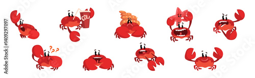 Funny Red Crab Character with Claws Vector Set