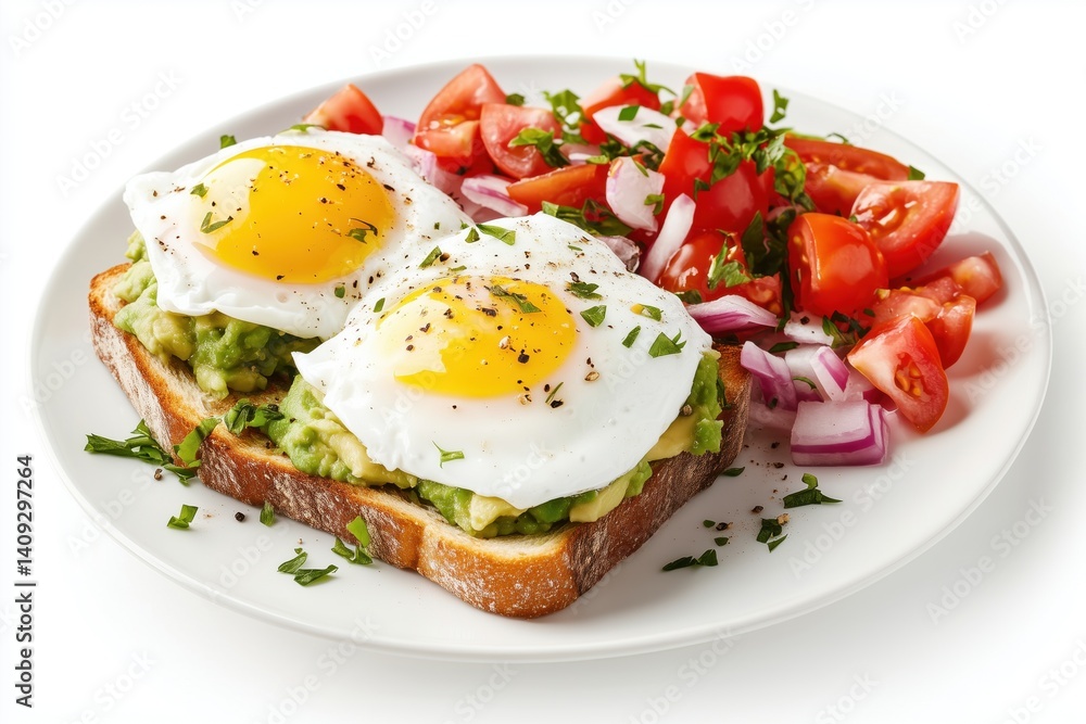 Delicious avocado toast topped with poached eggs and fresh salad served on a plate during brunch Delicious avocado toast topped with poached eggs and fresh salad served on a plate during brunch