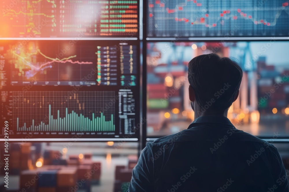 A news anchor talks about supply delays with charts on screen. Behind them, stock images show shipping issues. The mood is informative and urgent