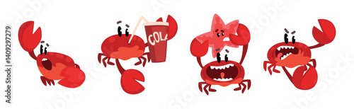 Funny Red Crab Character with Claws Vector Set