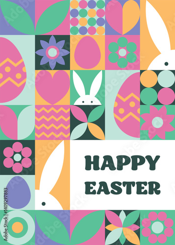 Geometric Easter greeting card. Abstract background with bunny, egg and flower. Vector illustration