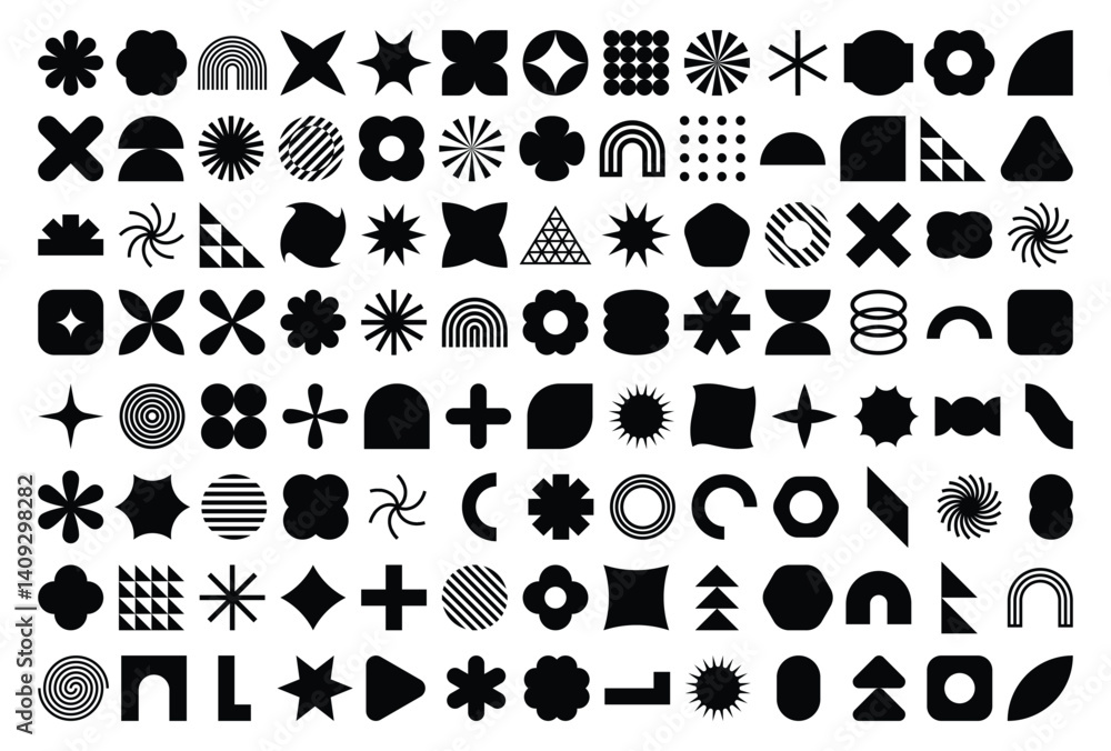 Set of 104 retro geometric shapes set. Brutalist style abstract elements. Vector illustration Set of 104 retro geometric shapes set. Brutalist style abstract elements. Vector illustration