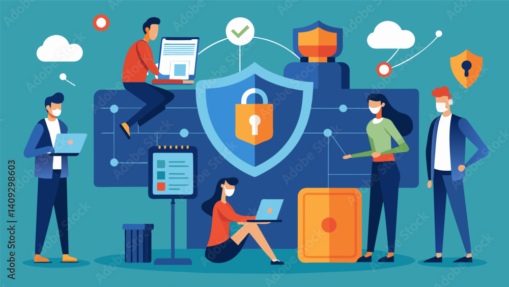 A network security team working tirelessly to detect and prevent potential vulnerabilities before they can be exploited.. Vector illustration A network security team working tirelessly to detect and prevent potential vulnerabilities before they can be exploited.. Vector illustration