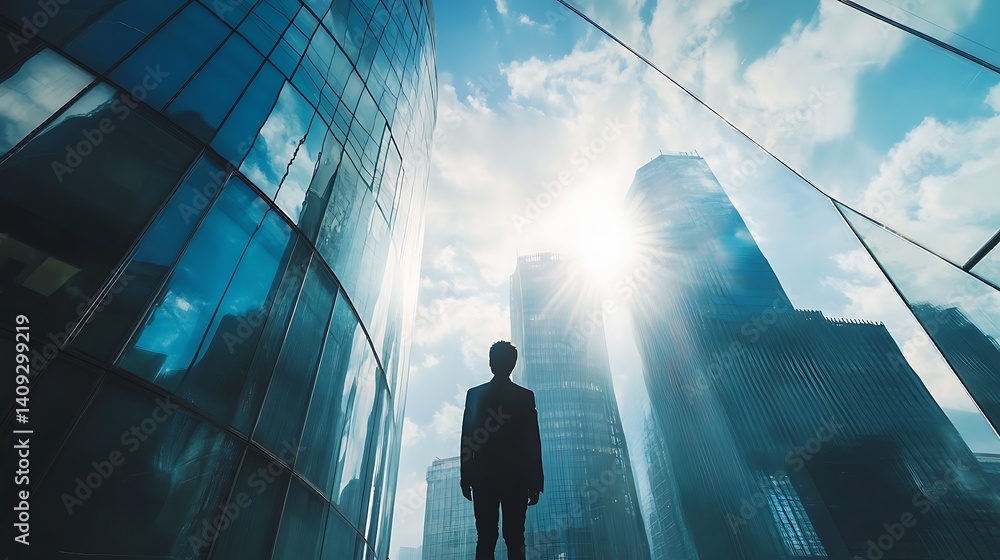 Silhouette of a Man Standing Between Tall Buildings Under a Bright Sunny Sky