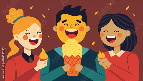Faces lit up with joy as customers take their first bite into the warm creamy and perfectly charred elote.. Vector illustration