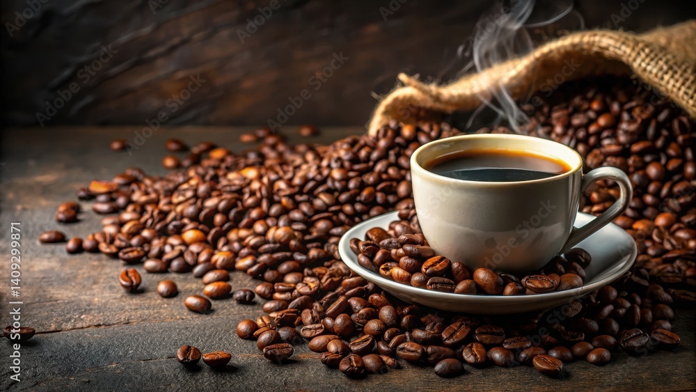 Rich aroma of freshly brewed coffee with dark roasted beans scattered around it, creating a cozy atmosphere in a quiet room Rich aroma of freshly brewed coffee with dark roasted beans scattered around it, creating a cozy atmosphere in a quiet room