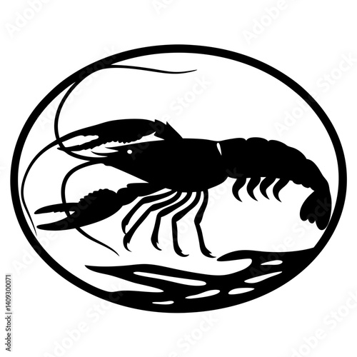 A Striking Black and White Silhouette of a Crayfish in a Circular Frame