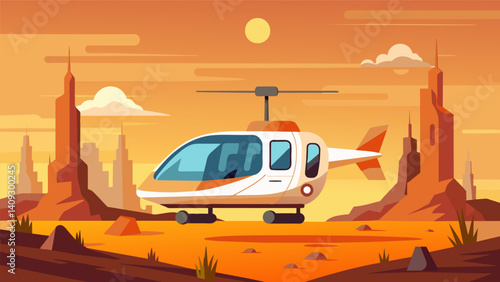 In a postapocalyptic world an electric air taxi is the only mode of transportation in a deserted desert landscape.. Vector illustration
