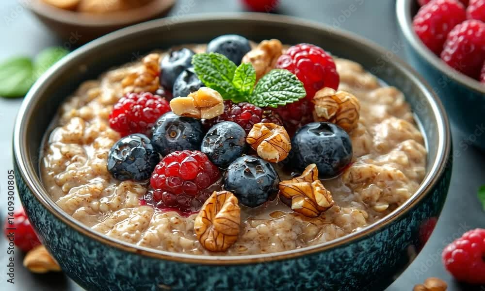 Healthy oatmeal bowl topped with berries and nuts. Healthy oatmeal bowl topped with berries and nuts.