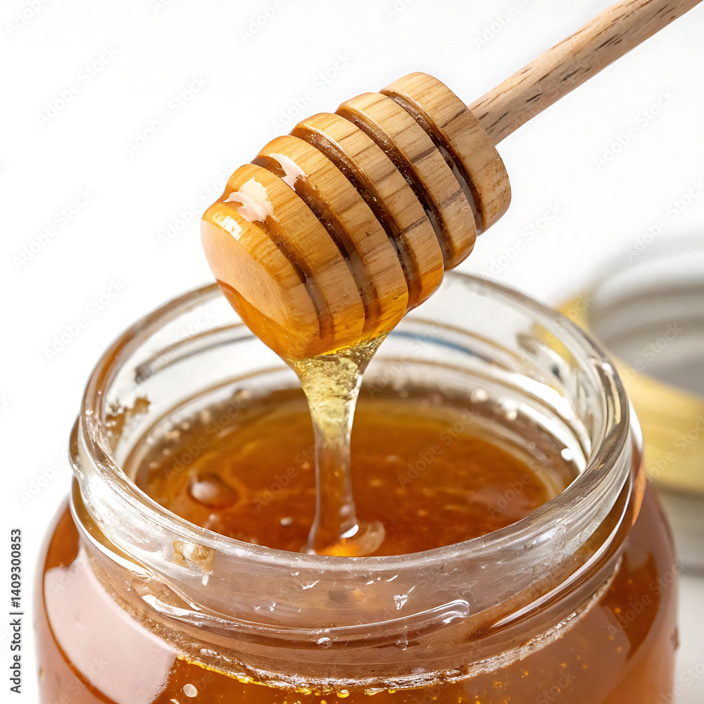 Honey Dripping from Wooden Dipper into Glass Jar Honey Dripping from Wooden Dipper into Glass Jar