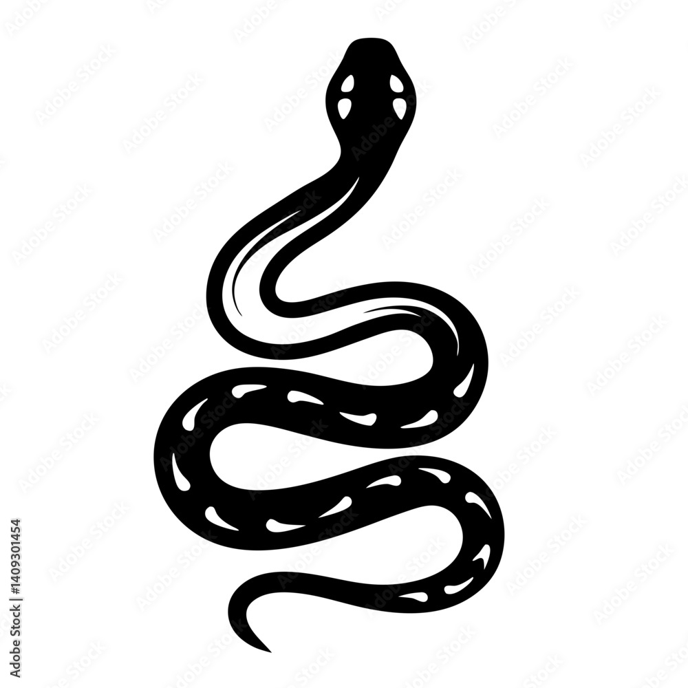 Obraz premium Elegant Black and White Snake Illustration Coiled in a Serpentine Pose with a Raised Head Graphic Design Element