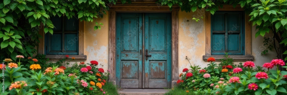 Old wooden door with vines and flowers in the frame, floral, serene Old wooden door with vines and flowers in the frame, floral, serene