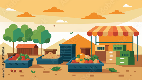 The farmers market usually boasting a colorful display of freshly picked fruit now had only a few measly crates of malformed stunted produce a meager return for their labor.. Vector illustration