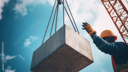 Tower crane rigger guiding a suspended load with precision hand signals. Featuring teamwork and coordination