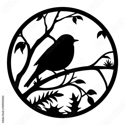 Bild auf Leinwand Elegant Black Silhouette of a Bird Perched on a Branch within a Circular Frame o