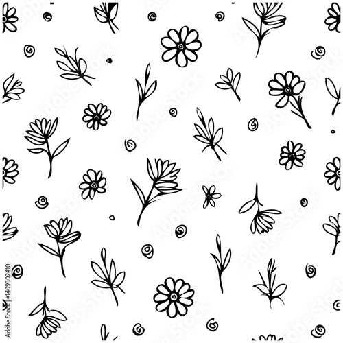 Simple floral monochrome repeating doodle pattern
