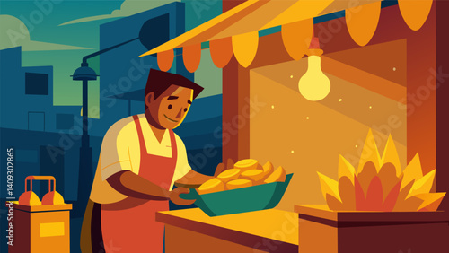 A warm golden hour sun casting a glowing light as a street vendor skillfully folds and fries empanadas to sell to hungry passersby on a busy city street in Central America.. Vector illustration