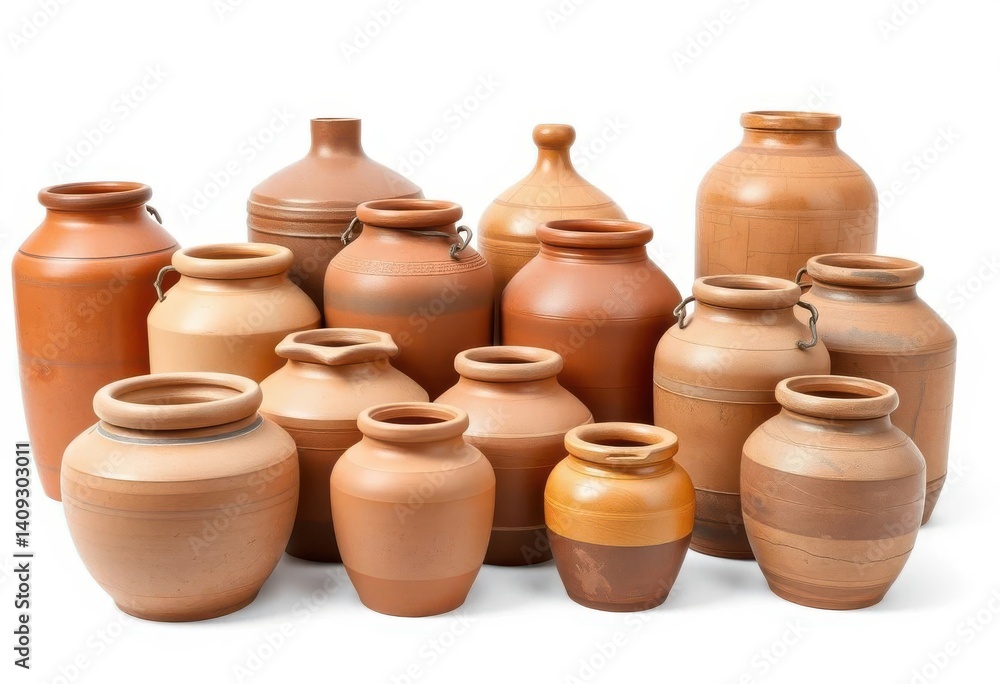 Rustic clay jars, various sizes, arranged on stark white background, country, studio shot Rustic clay jars, various sizes, arranged on stark white background, country, studio shot