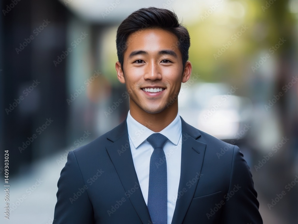 Confident Businessman: Portrait of a smiling, successful Asian businessman in a sharp navy suit and tie, exuding confidence and professionalism against a blurred city backdrop. Confident Businessman: Portrait of a smiling, successful Asian businessman in a sharp navy suit and tie, exuding confidence and professionalism against a blurred city backdrop.