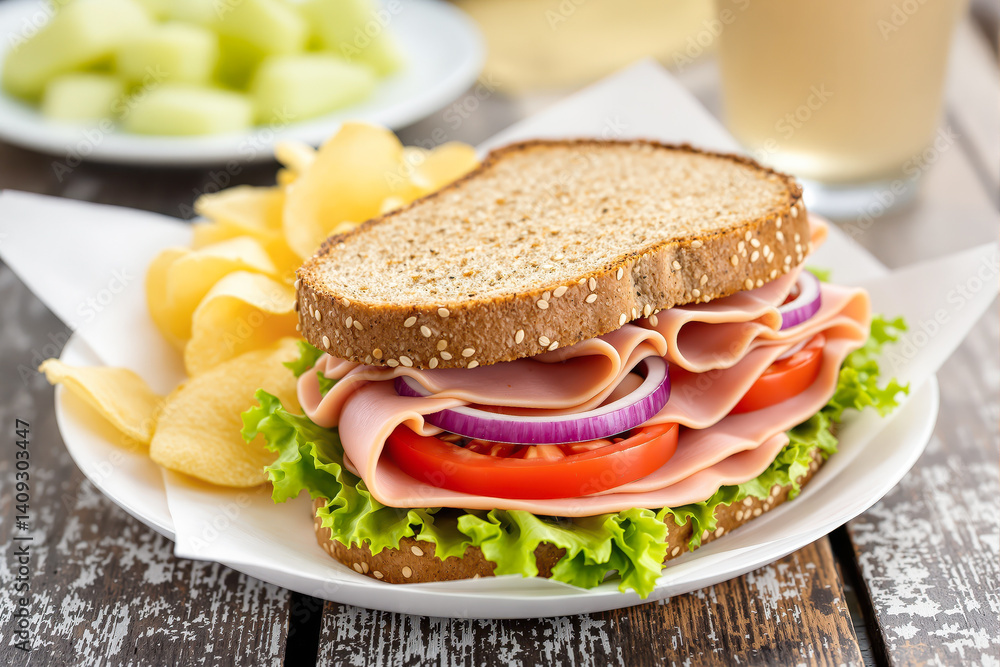delectable ham sandwich with crisp lettuce tomato and red onion accompanied by potato chips delectable ham sandwich with crisp lettuce tomato and red onion accompanied by potato chips