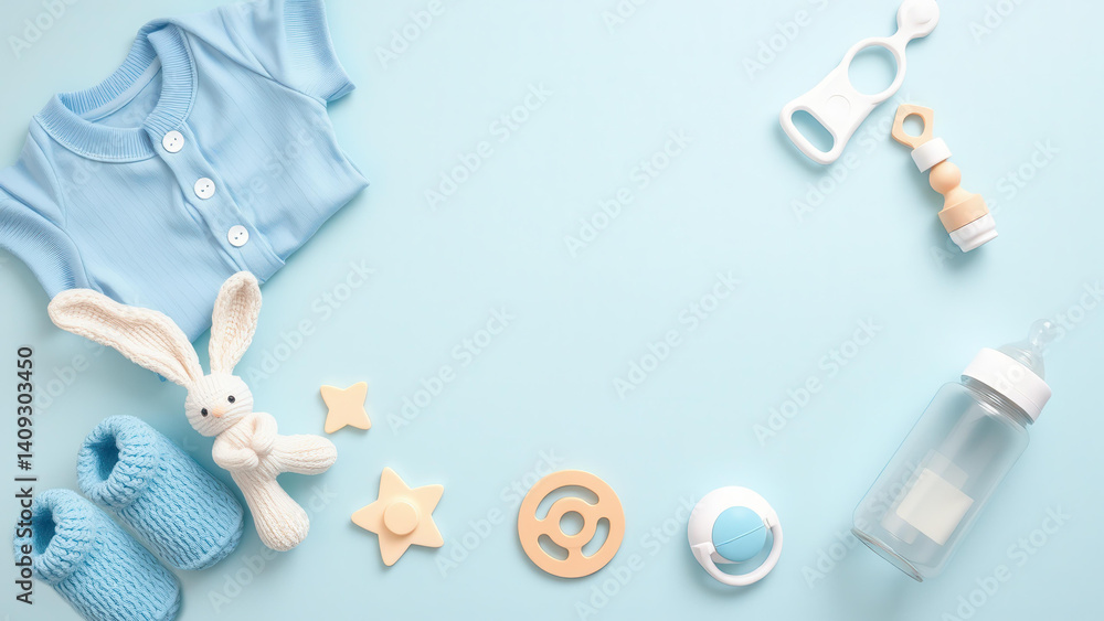 Flat lay composition of baby boy with baby accessories on light blue background. Toys, clothes, pacifier and bottle are arranged in soft pastel palette. The center is free for text.