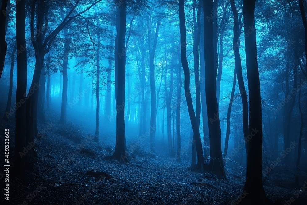 Obraz premium Blue Forest. Spooky Dark Landscape with Skittish Blue Trees for Halloween Scene