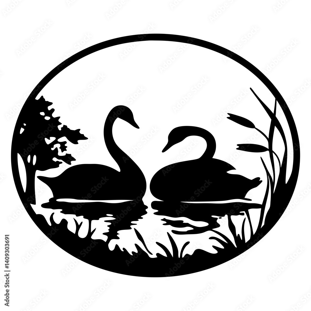 Romantic Pair of Swans in a Serene Lakeside Setting Illustrated in a Circular Black and White Design Romantic Pair of Swans in a Serene Lakeside Setting Illustrated in a Circular Black and White Design