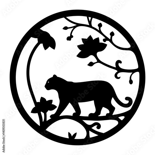 Elegant Black Panther Silhouette in a Circular Floral Frame Artistic Design