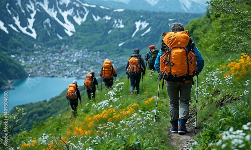 Hiking group ascends mountain trail by lake. photo