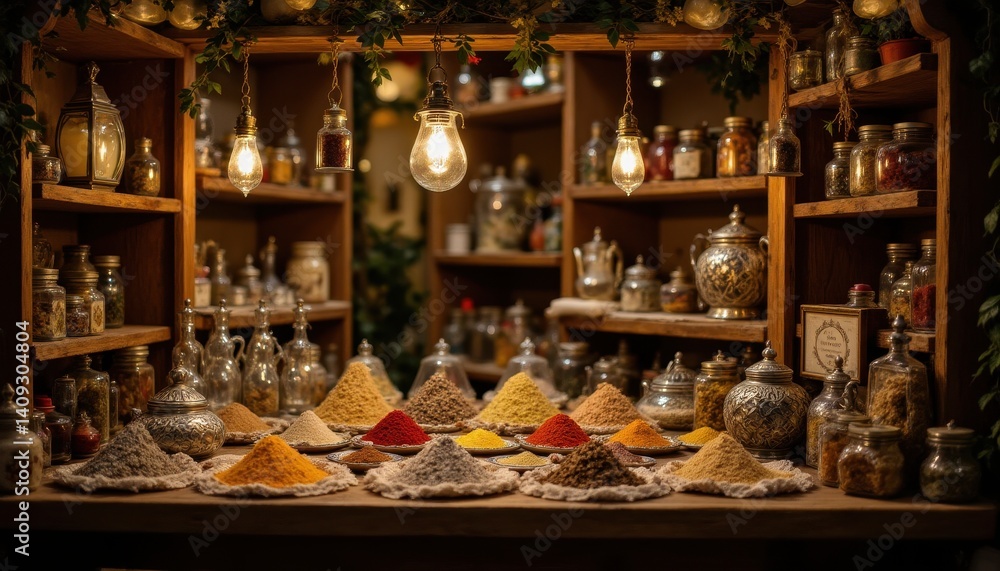 A magical market stall glows under lantern light, offering fragrant spice pyramids, ornate tea tins, and tincture droppers suspended in crystal racks. A magical market stall glows under lantern light, offering fragrant spice pyramids, ornate tea tins, and tincture droppers suspended in crystal racks.