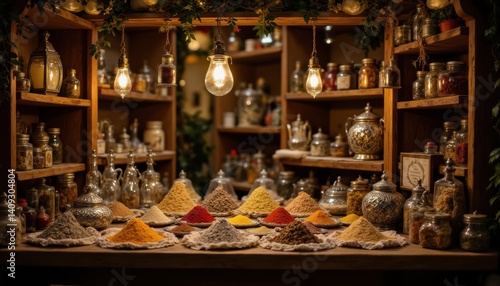 Wallpaper Mural A magical market stall glows under lantern light, offering fragrant spice pyramids, ornate tea tins, and tincture droppers suspended in crystal racks. Torontodigital.ca