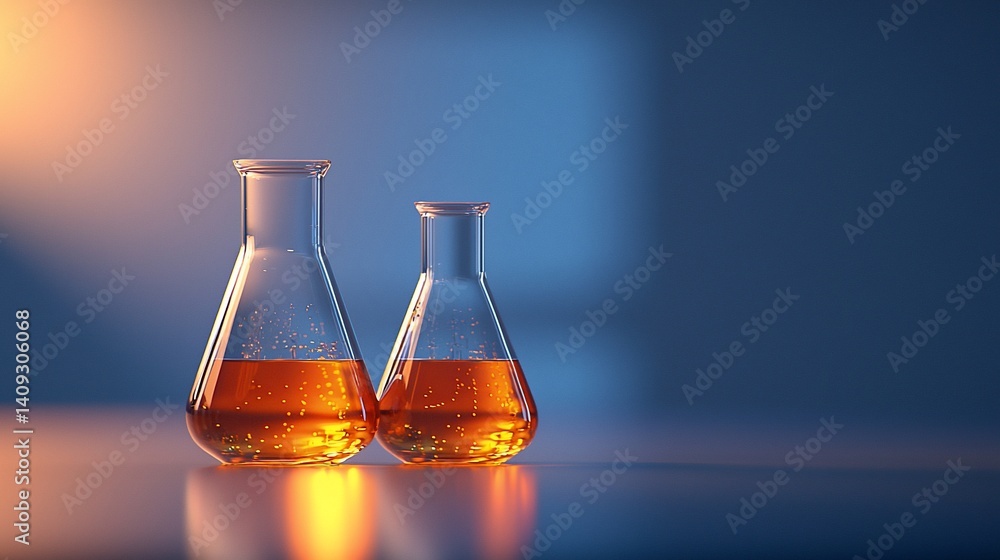 Two clear glass flasks filled with amber liquid, standing on a surface, in a laboratory setting Two clear glass flasks filled with amber liquid, standing on a surface, in a laboratory setting