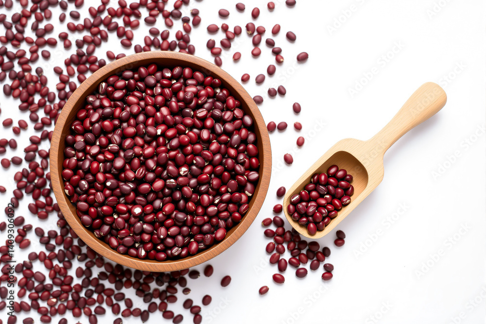 wooden bowl and scoop filled with adzuki beans against a white background wooden bowl and scoop filled with adzuki beans against a white background