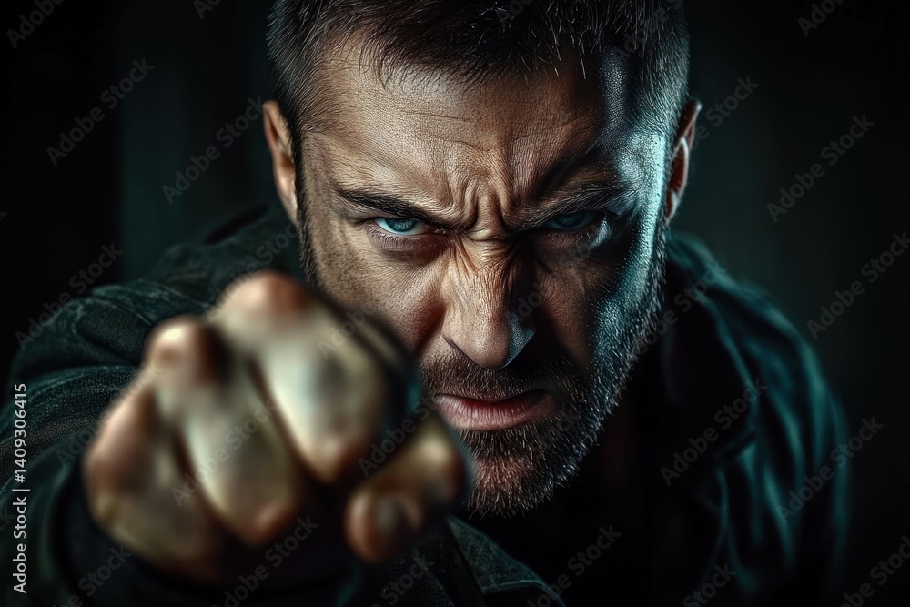 Fototapeta premium Angry Man Clenching Fist Dramatic Portrait Domestic Violence Emotion