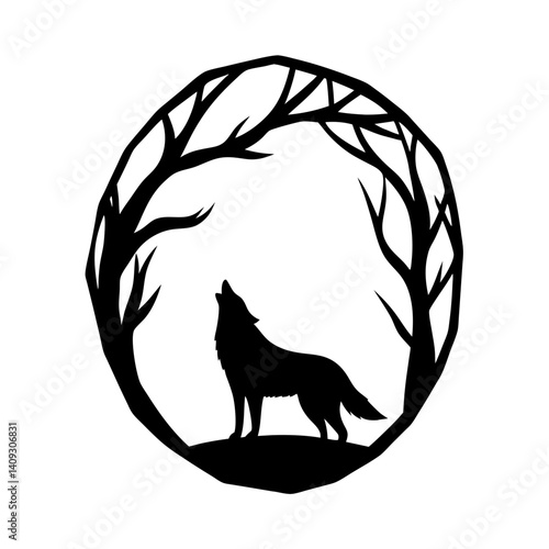 Silhouette of a Howling Wolf in a Moonlit Forest Circle Artistic Design