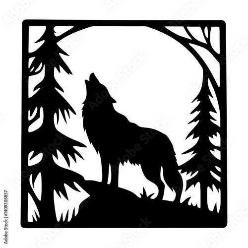 Silhouette of a Howling Wolf in a Moonlit Forest Framed Art