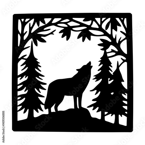 Silhouette of a Howling Wolf in a Square Frame of Forest Trees