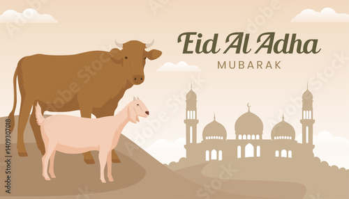 Eid al-Adha Banner Design Vector Illustration. Islamic Background with cow and goat illustration for Muslim community. Muslim Eid, Raya Hari, Eid al-Adha, and Maulid