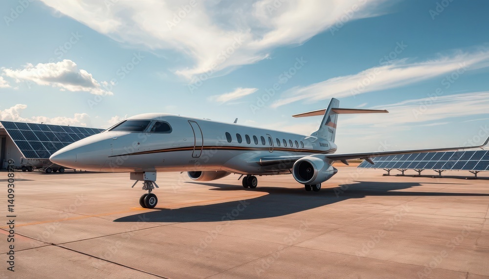 Sleek airplane rests on tarmac, solar panels gleam nearby, panels, white Sleek airplane rests on tarmac, solar panels gleam nearby, panels, white