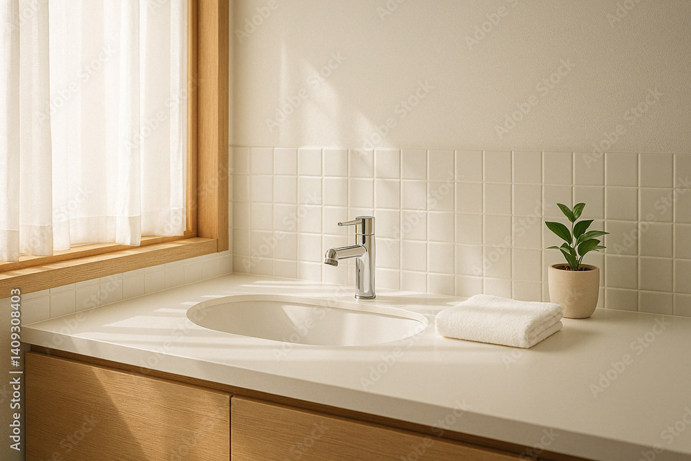 Fototapeta premium Minimalist bathroom sink with white towel and morning light