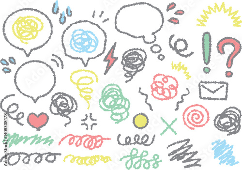 吹き出しや装飾素材の手描き風カラーイラストのセット