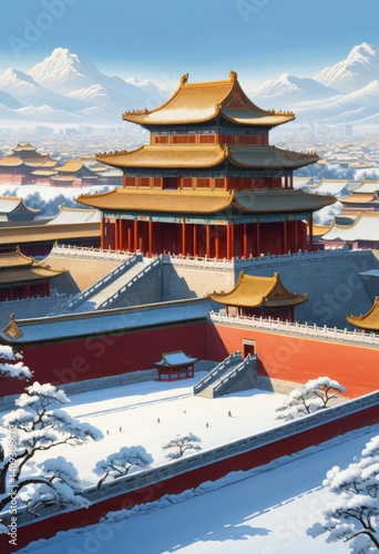 Wallpaper Mural Snow \Forbidden City Illustration Meticulous Painting Style\ Torontodigital.ca