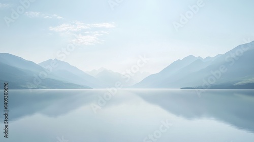 Serene Mountain Lake Reflections: The tranquil surface mirrors the towering mountain range, bathed in a soft, ethereal light that evokes a sense of serenity and wonder.