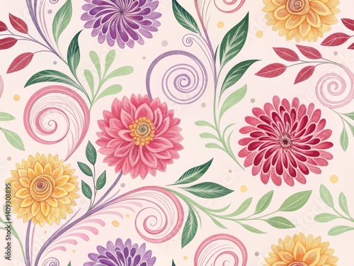 This seamless floral pattern features various shades of pink, purple, yellow, and red dahlias, accented by swirling vines and delicate green leaves.