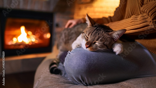 Foto 飼い主の膝で眠る猫のアップ