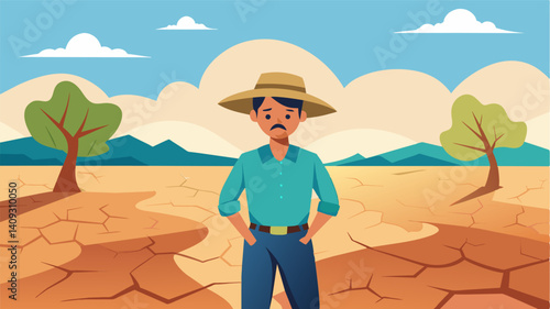 In the midst of a drought the farmer stands in a field of cracked earth and dust a symbol of his struggles against the forces of nature.. Vector illustration