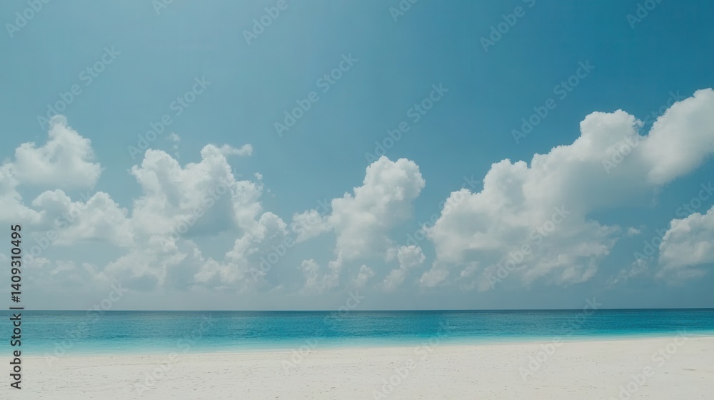 Fototapeta premium Serene tropical beach scene with turquoise water and fluffy clouds creating a peaceful and calming atmosphere for relaxation